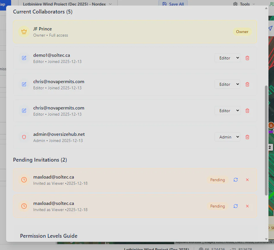 RoadScope collaborators panel showing field and office team members on a survey project