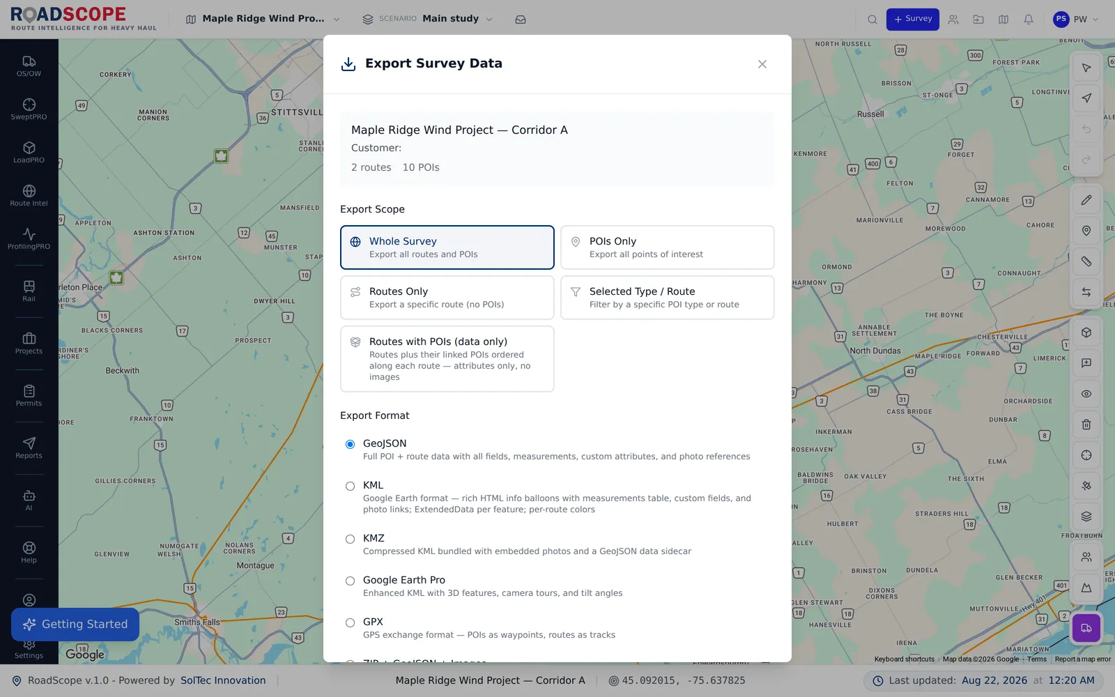 Professional Export workflow in RoadScope