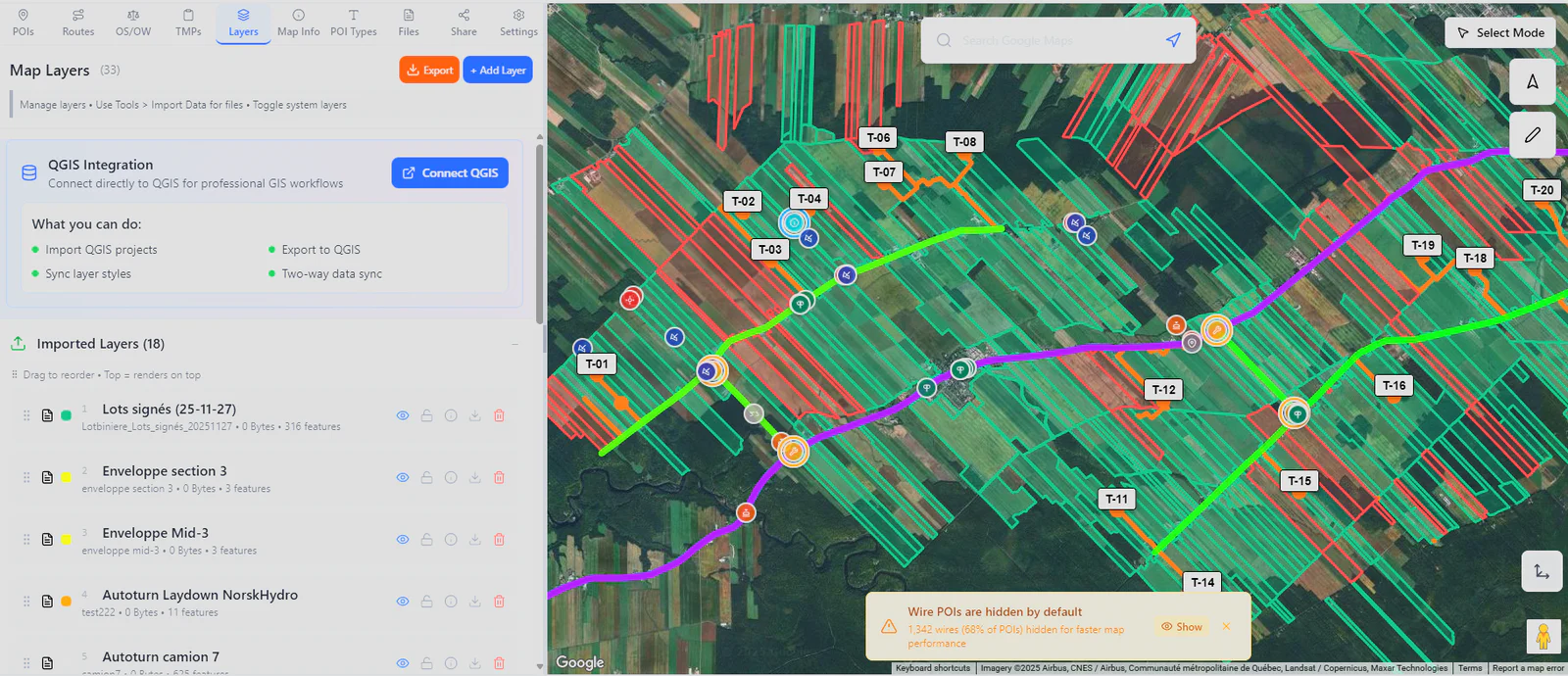 RoadScope GIS layers on a long rural wind transport corridor