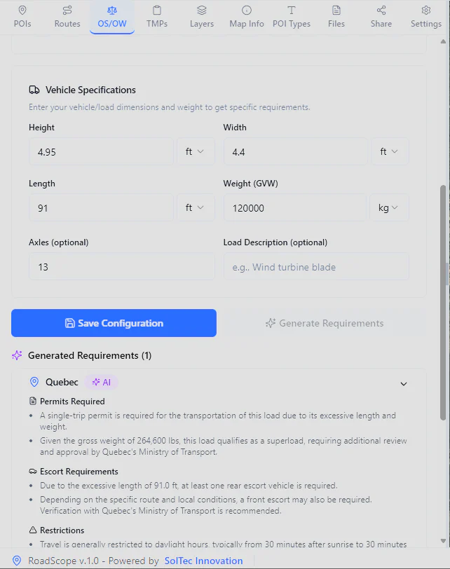 RoadScope OS/OW requirements view for overweight permit planning