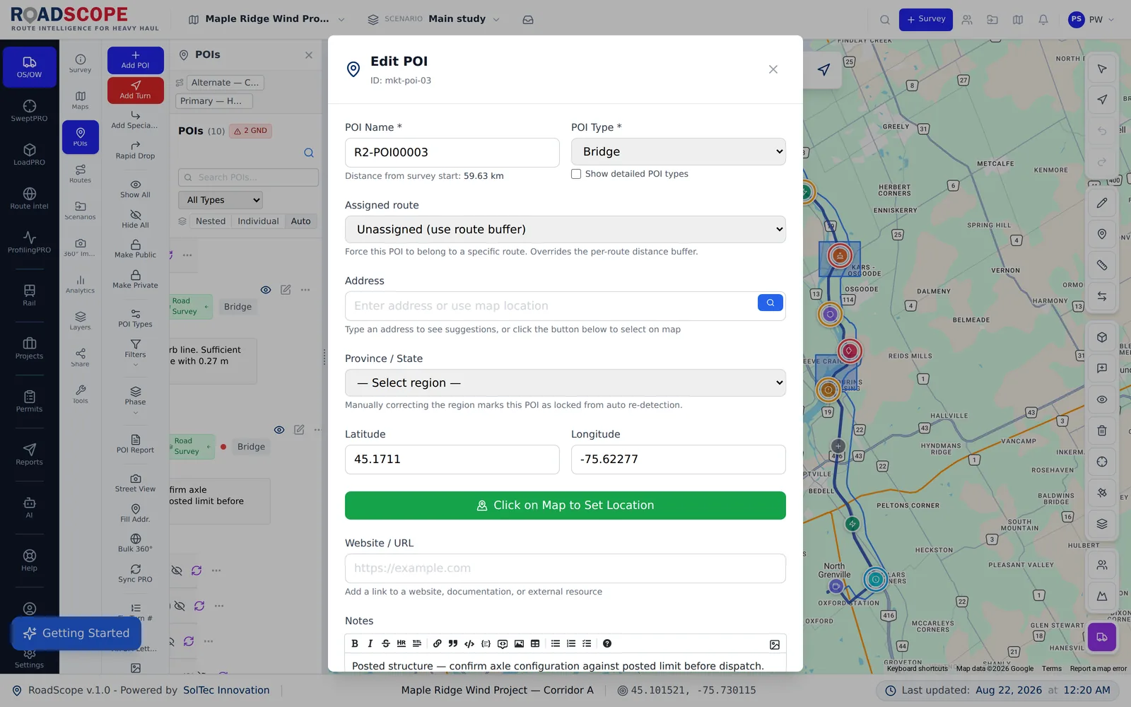 RoadScope POI inspection form for a posted bridge structure with route assignment, coordinates, and field notes