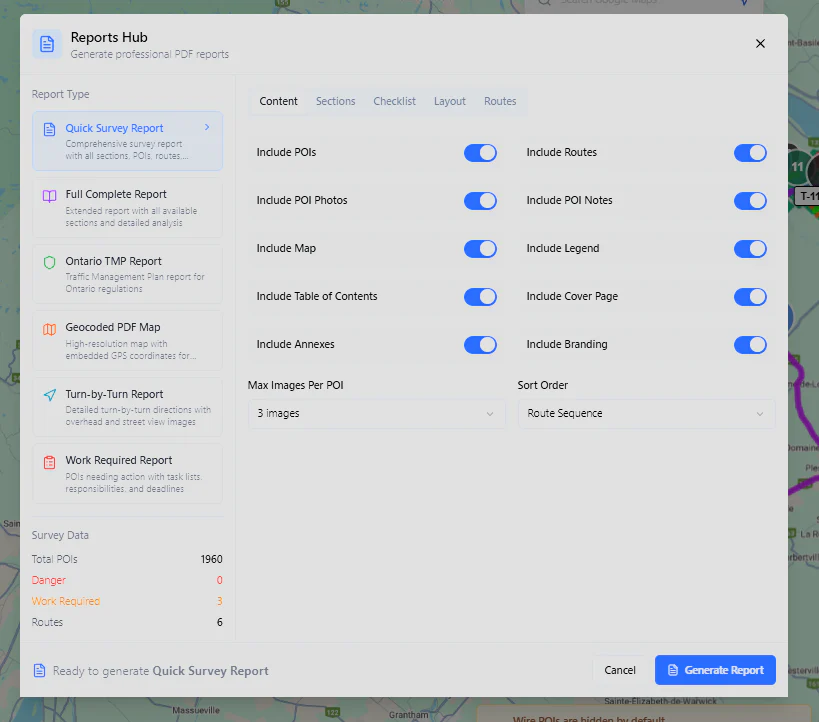 RoadScope Reports Hub generating permit documentation from route data
