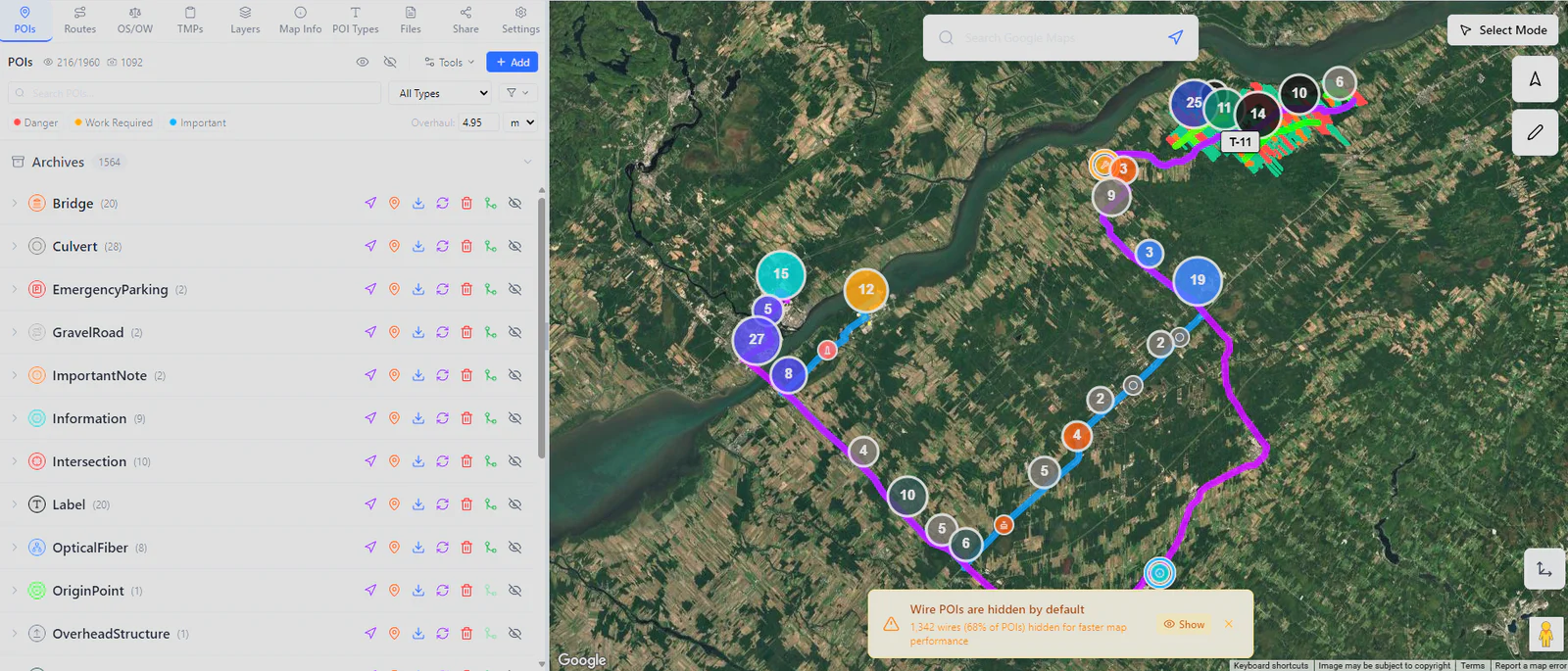 RoadScope satellite route view with an oversize load route and constraint POIs