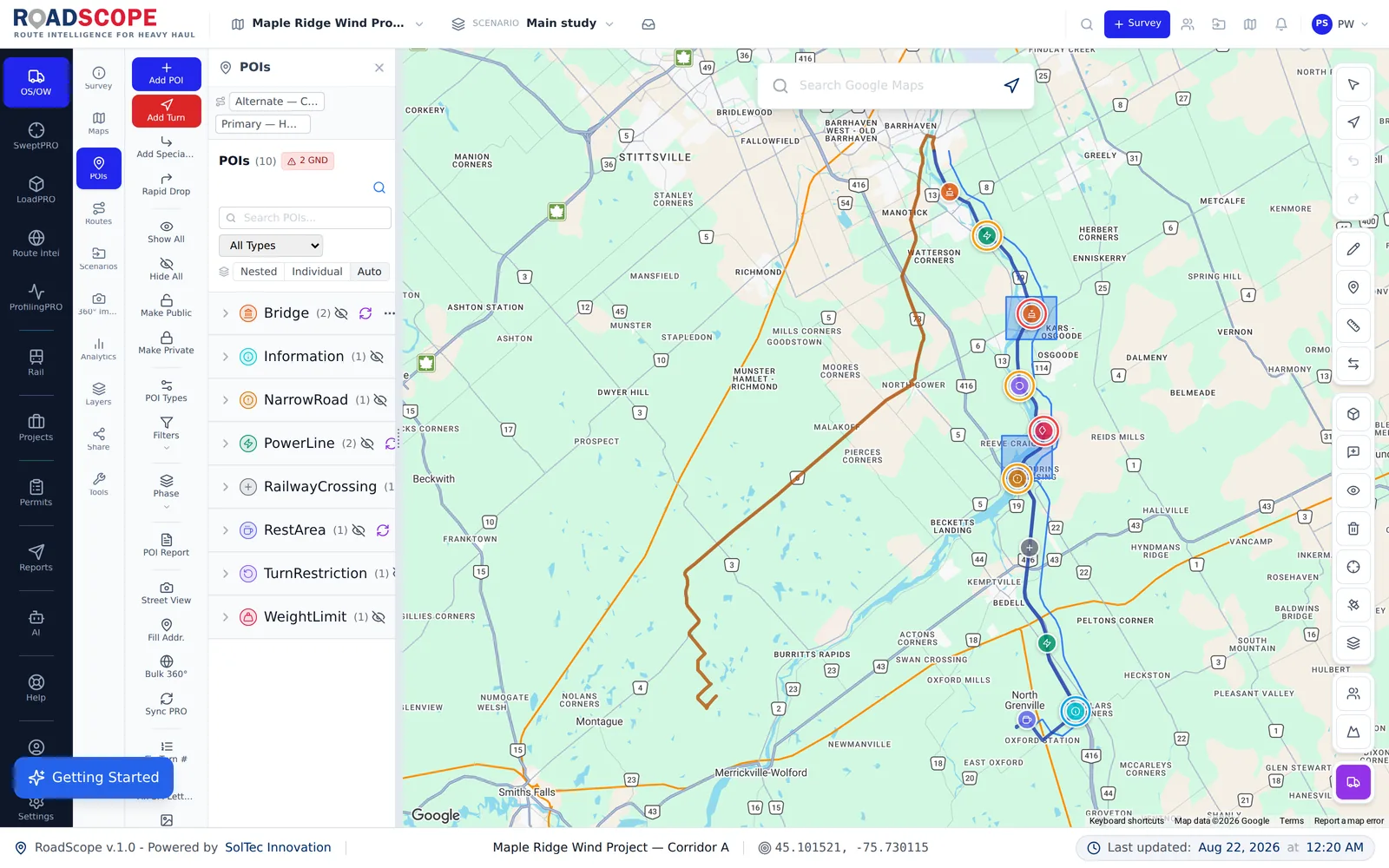 RoadScope route workspace with mapped POIs and an active survey route