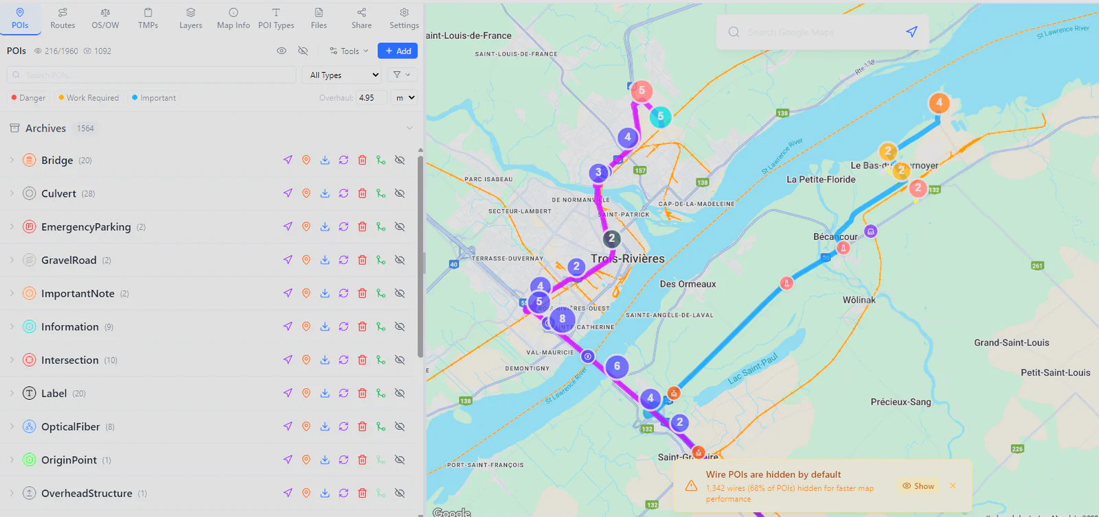 RoadScope POI list and map view from an OS/OW route survey