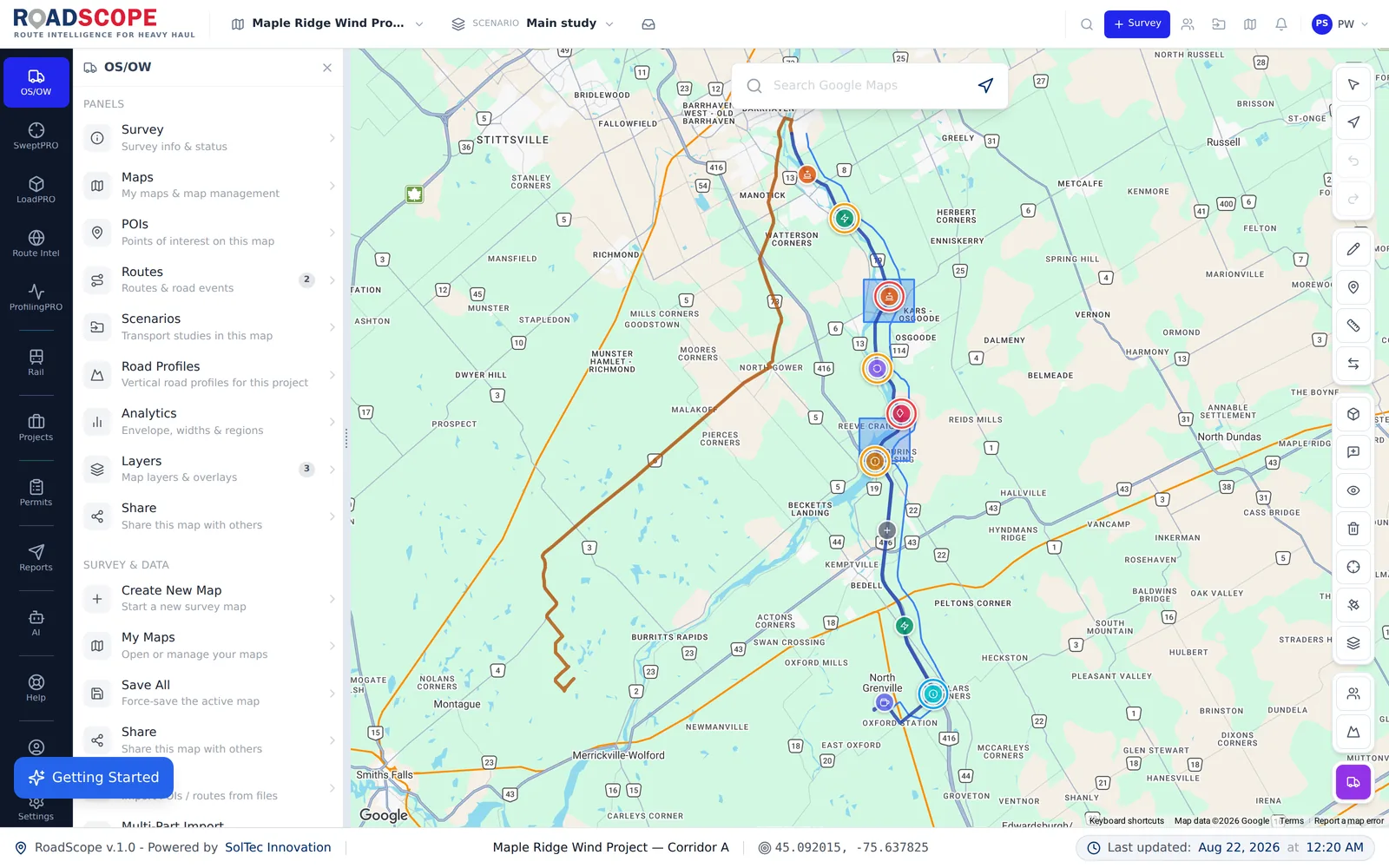 RoadScope OS/OW workspace hub with survey, route, analytics, layers, and sharing panels