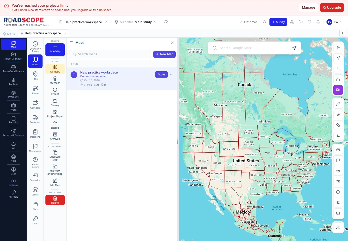 RoadScope Maps panel with a demonstration map and the New Map button.