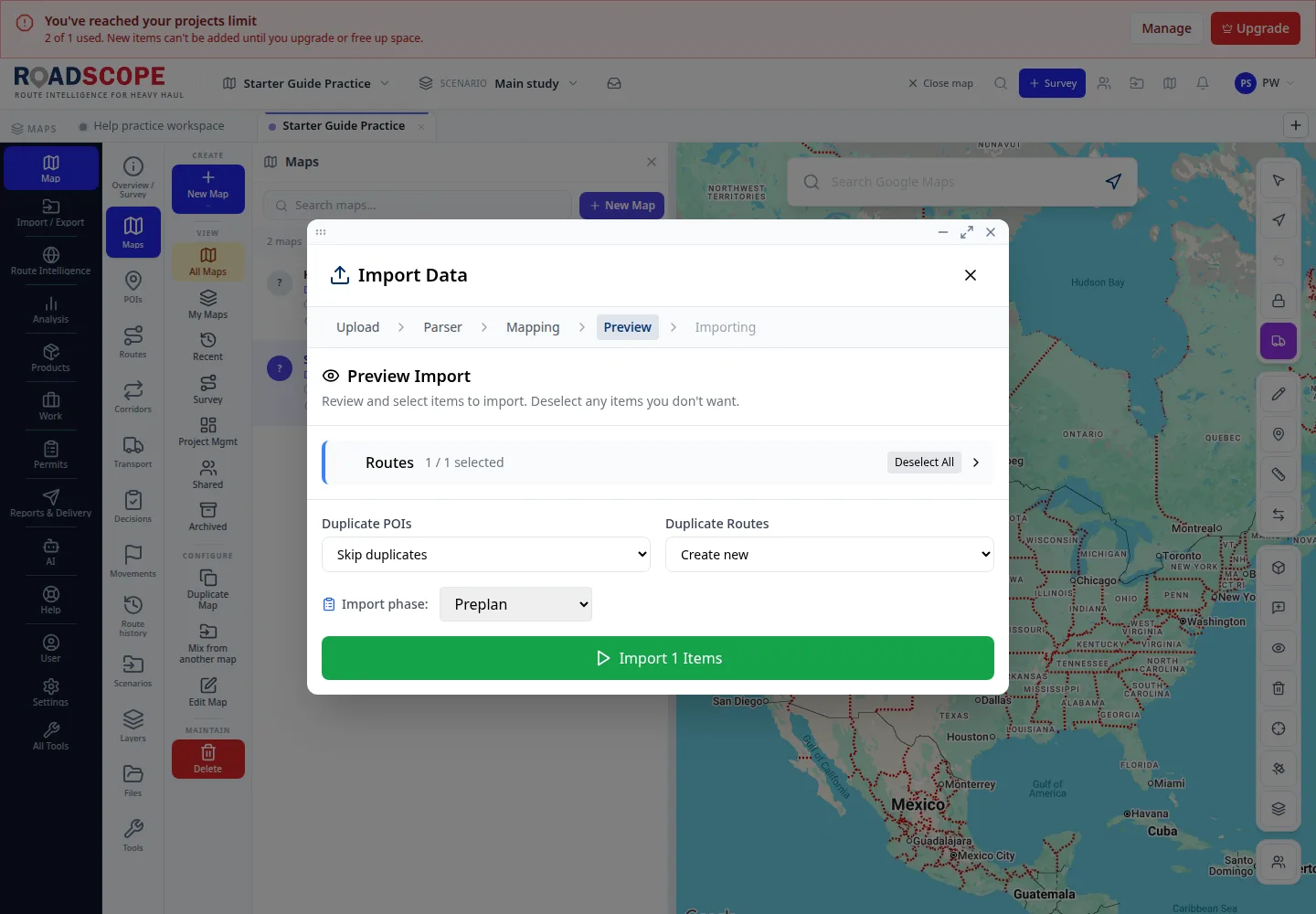 Preview Import shows one route and the green import button.